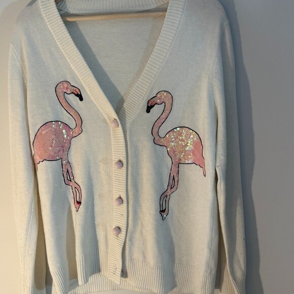 Vintage Sequin Flamingo Cardigan 🦩✨ | Cream Knit | Size M - Picture 1 of 4